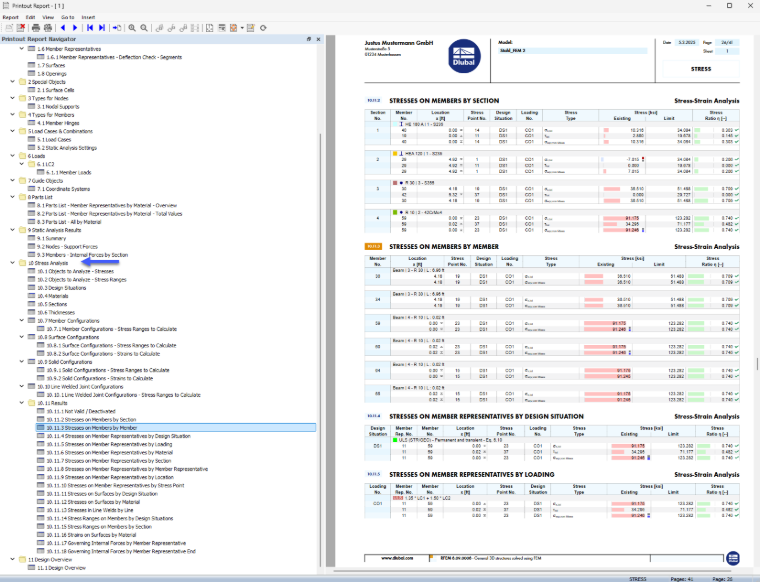 Printout Report with Stress-Strain Analysis Data