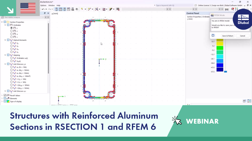 Illustration of reinforced aluminum sections analysis in RSECTION 1 and RFEM 6 used in engineering webinar.