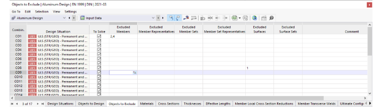 Input Table for Objects to Exclude from Design by Combination in Aluminum Design
