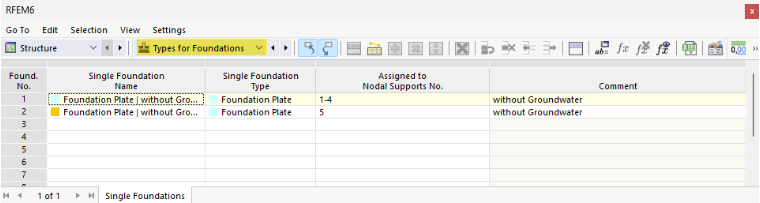 Single foundation | Assigning single foundation to a nodal support in a table