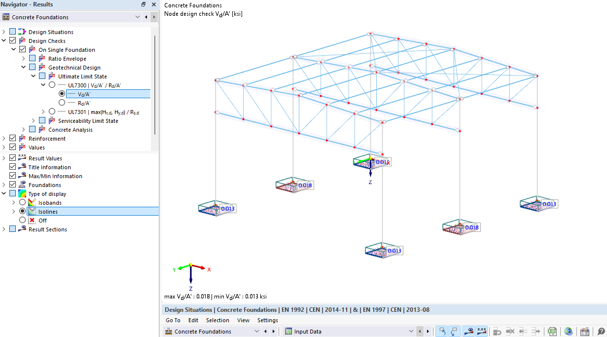Visualization of concrete foundations in various graphical styles for analysis and design.