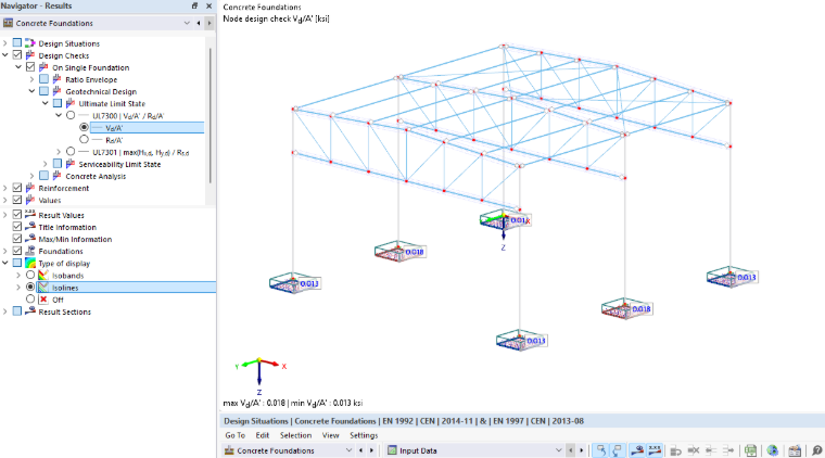 Visualization of concrete foundations in various graphical styles for analysis and design.