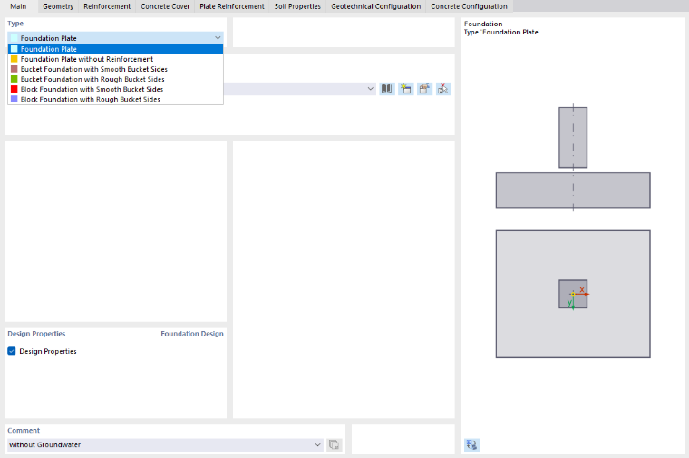 Selecting the foundation type in the "Foundations" dialog box od the add-on