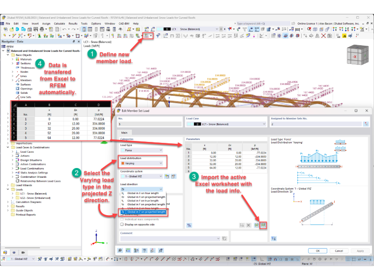 Excel Data Imported into RFEM for Variable Member Load