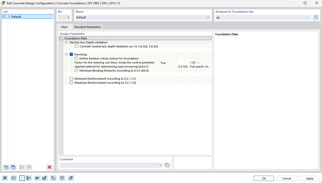 Dialog box for concrete design configuration for foundations with detailed setting options.