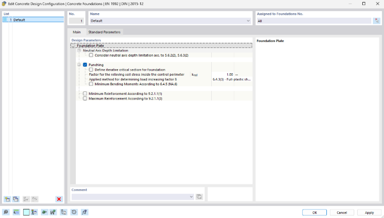 Dialog box for concrete design configuration for foundations with detailed setting options.