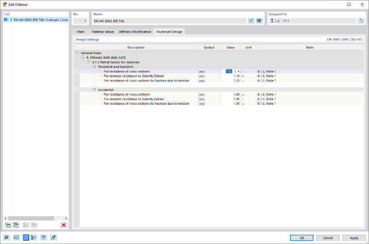 Dialog Box "Edit Material", Adjusting Partial Safety Factors