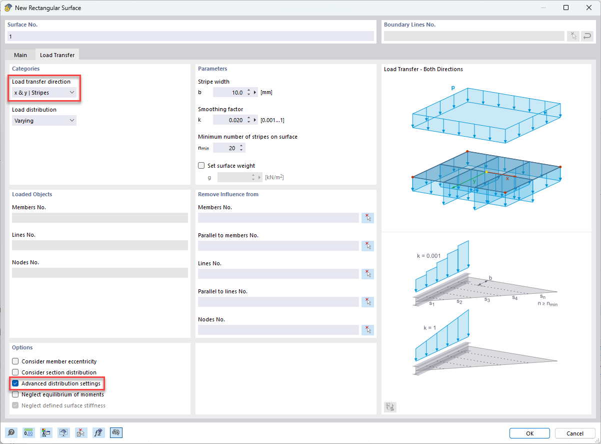 KB 001926 | The image shows a software window with advanced settings for load transfer to surfaces. It contains input boxes for the stripe width and the sampling factor.