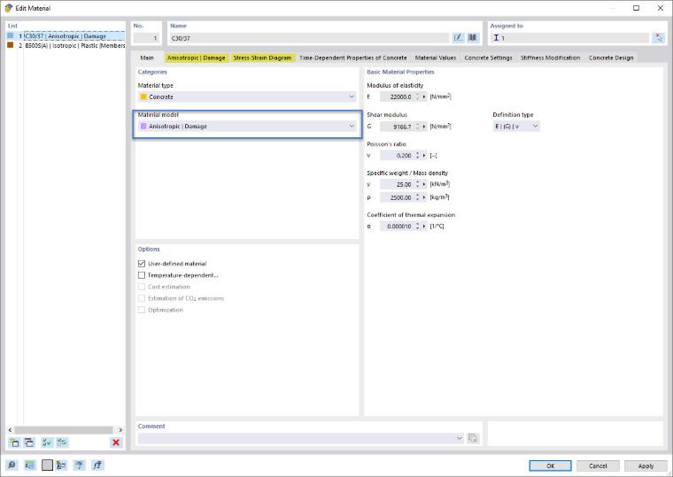 Selecting the Anisotropic material model | Damage for concrete in the software interface
