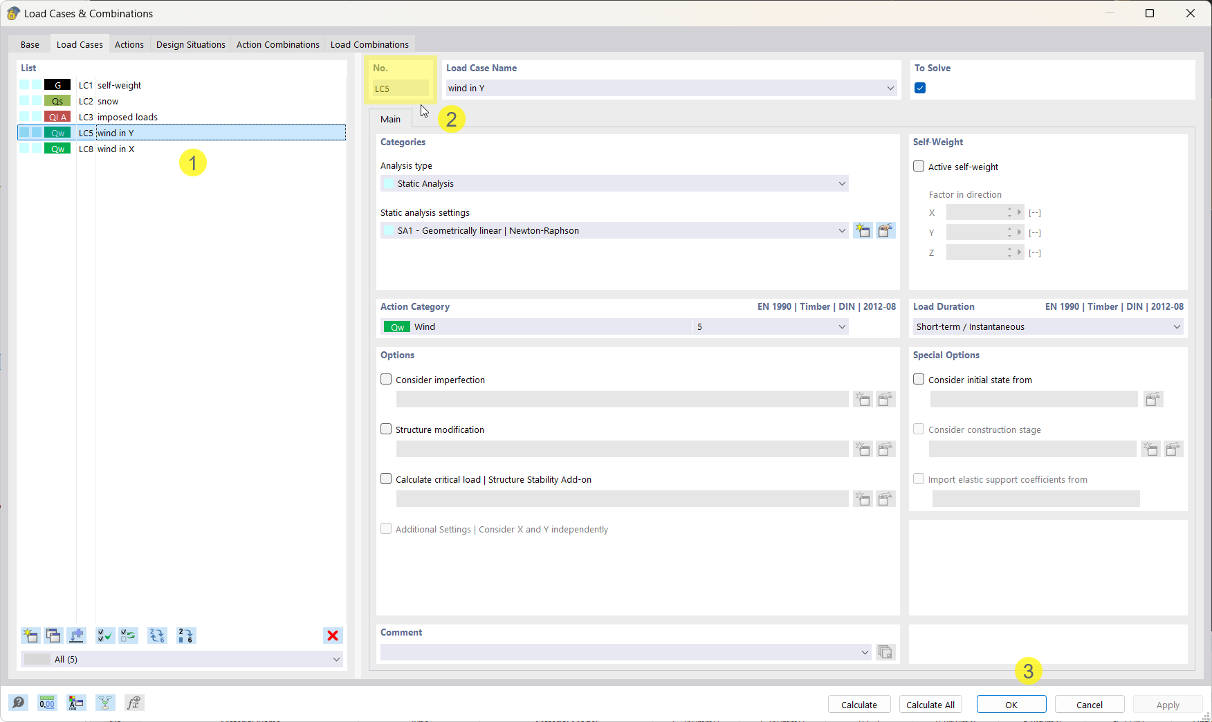 Program dialog box for manual numbering | Editing load cases