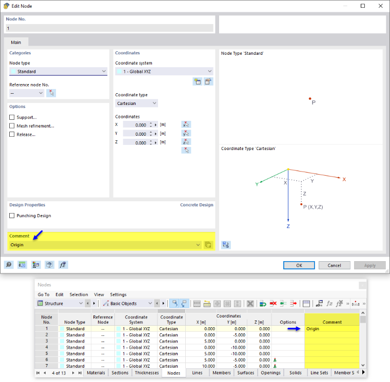 Software interface | Comment in the dialog box | Table-based data entry