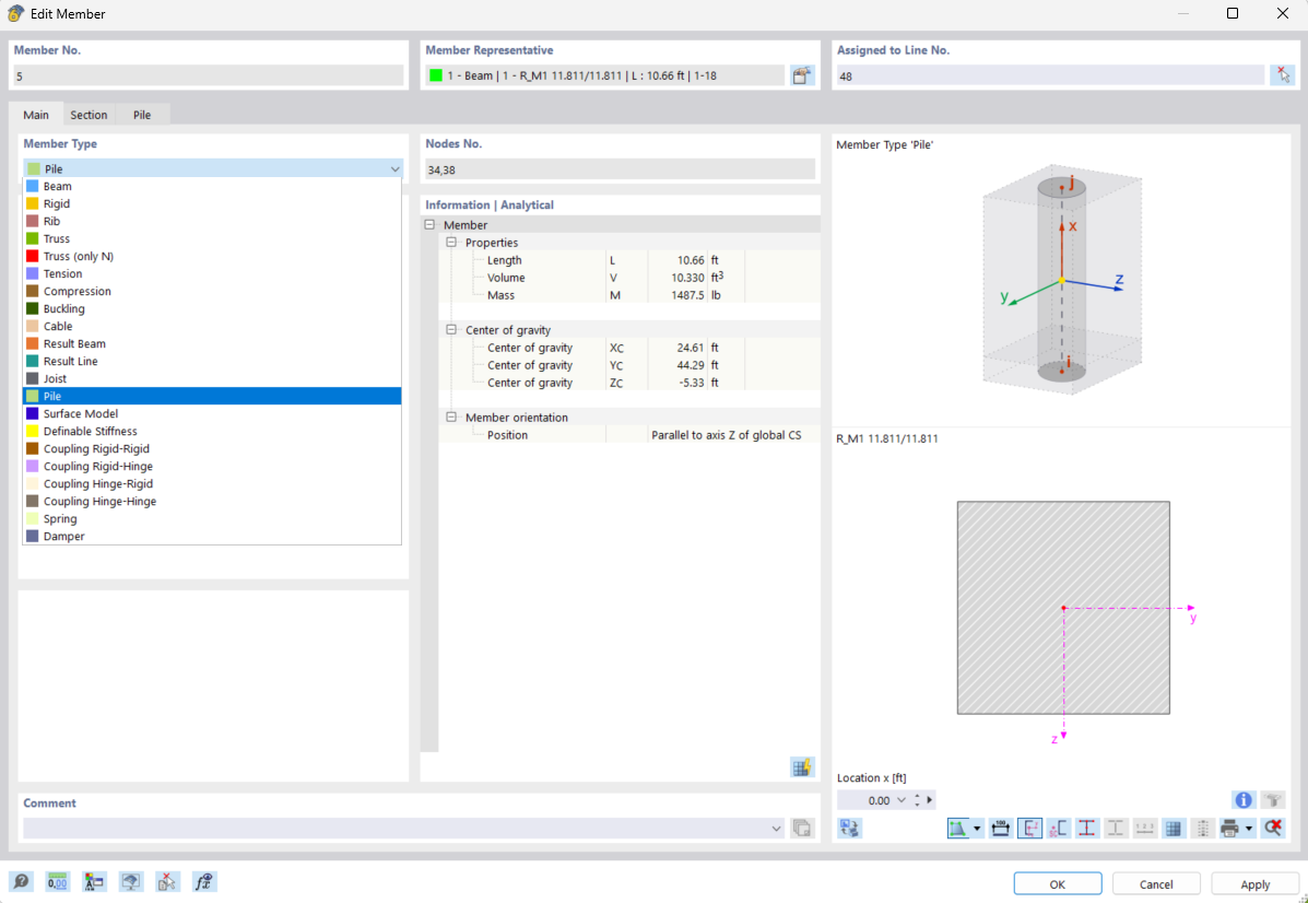 Dialog box for entering pile parameters | Selecting the pile type