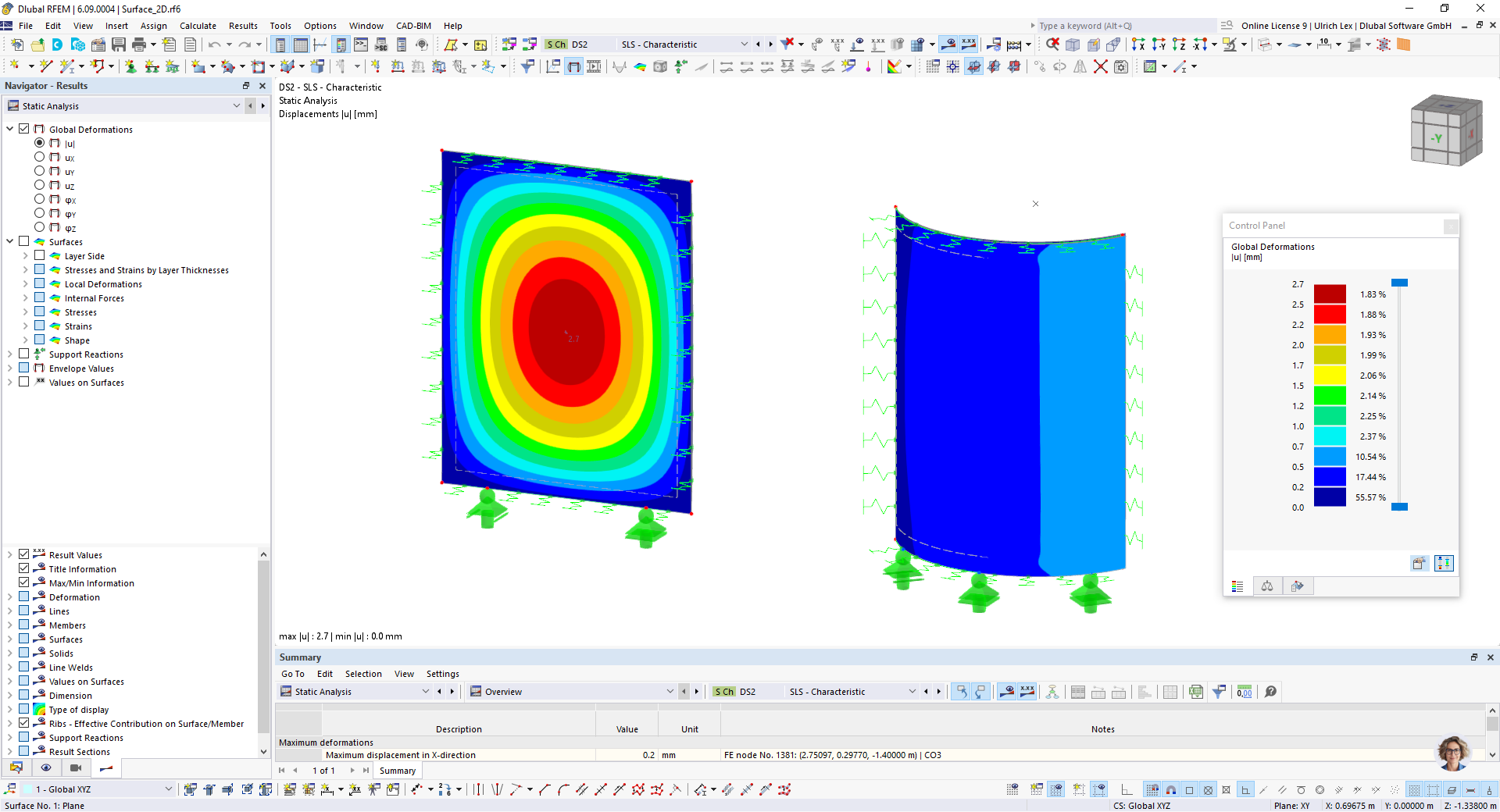 Calculated model of a curved glass pane with detailed pane design