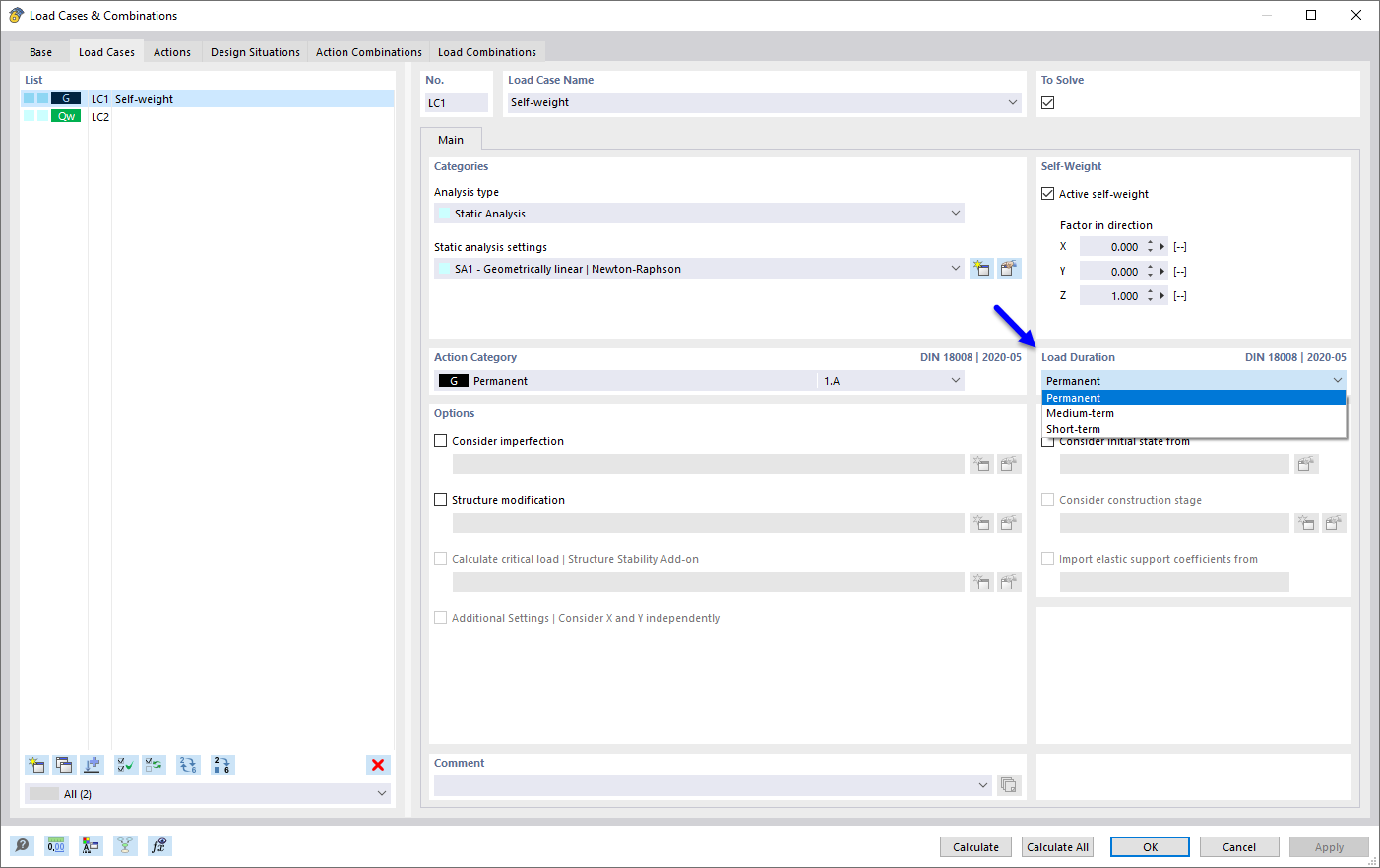Settings dialog box for load cases | Load duration
