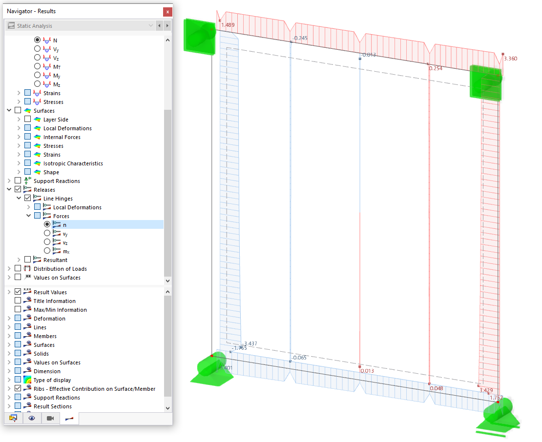 Visualization of the shear flow result diagram and acting forces on a timber panel wall