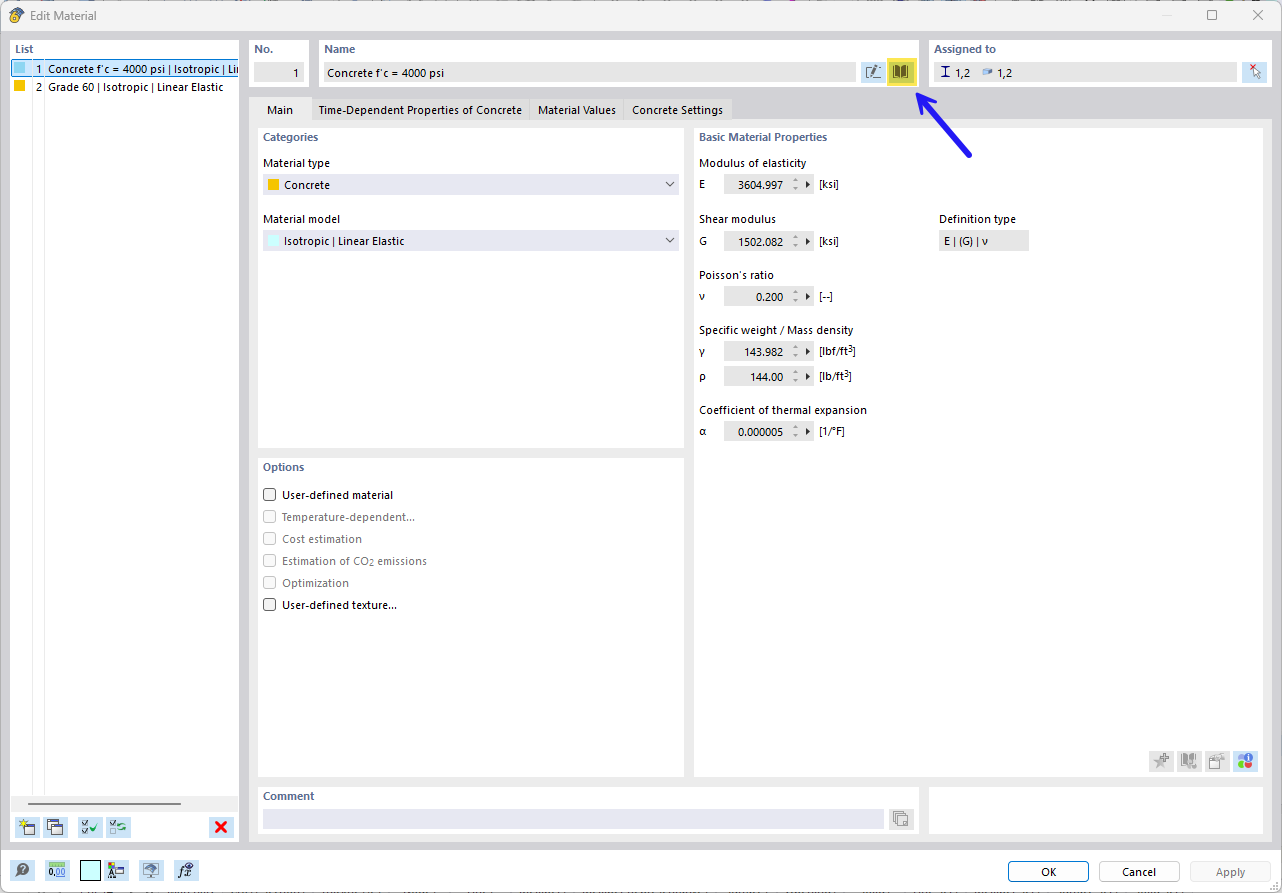 Overview of the material editing dialog box | Material library button | Selection of concrete and reinforcing steel