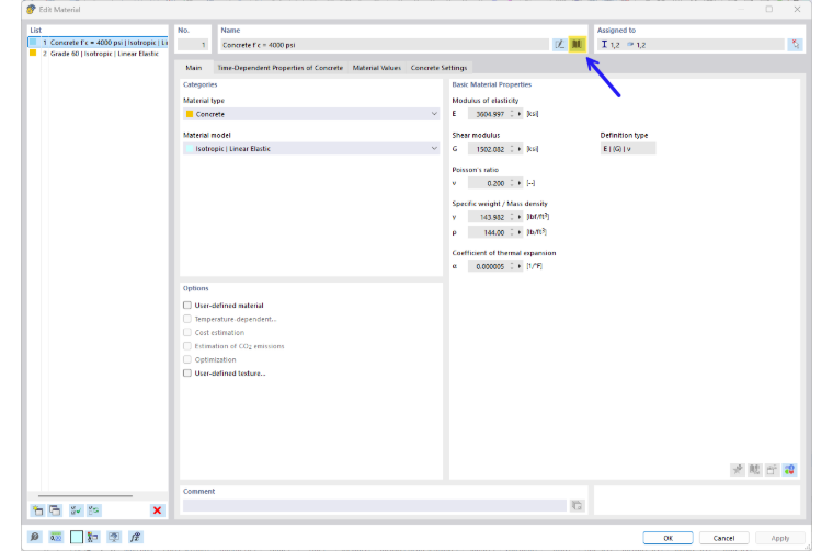 Overview of the material editing dialog box | Material library button | Selection of concrete and reinforcing steel