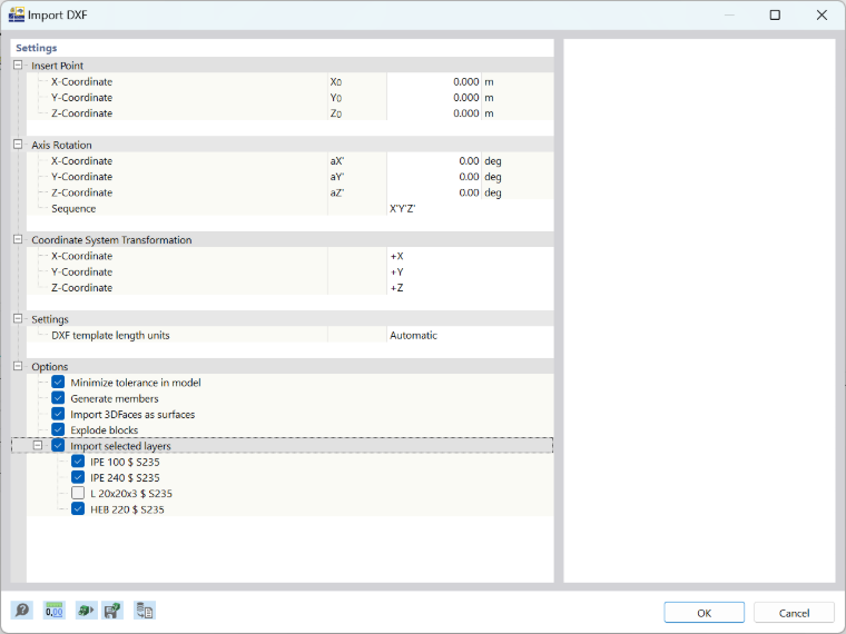 The image displays the AutoCAD DXF import settings in RFEM 6.