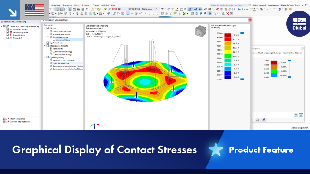 Display of contact stresses in a structure, shown in detail in a graphical display using color shading.