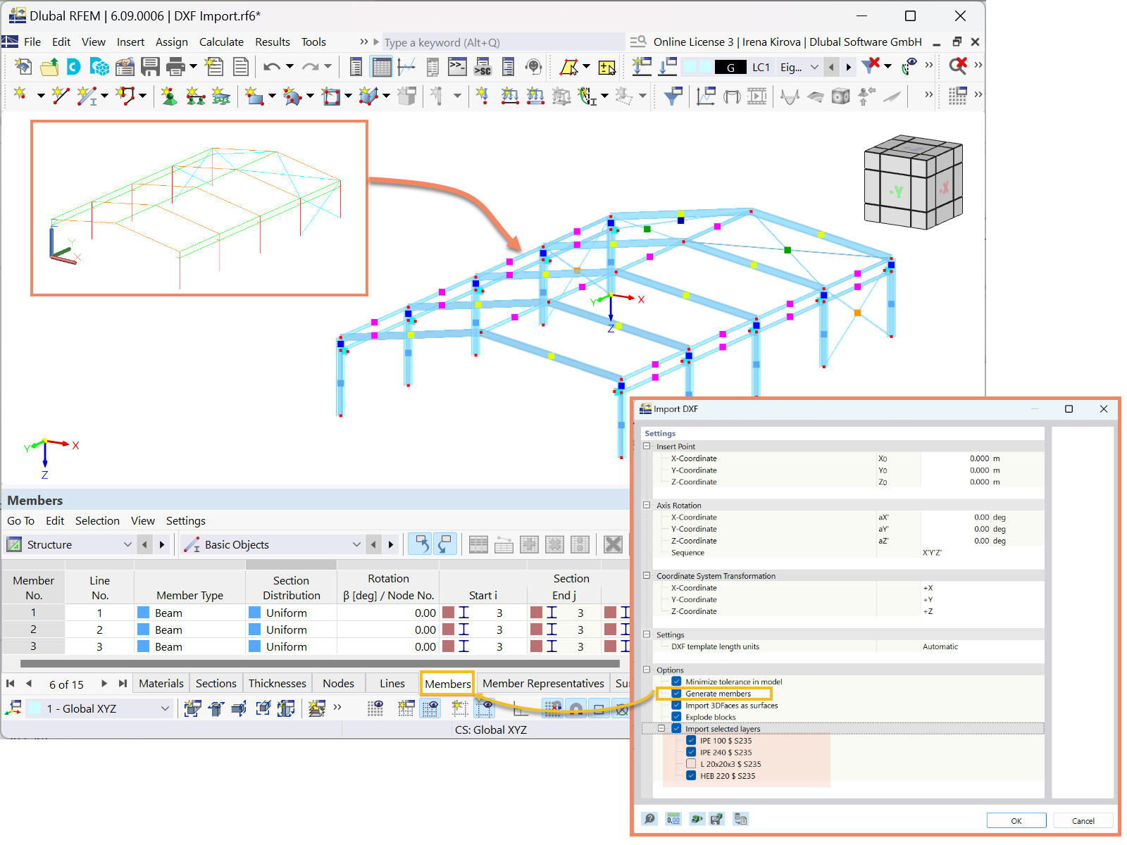 The image displays 'Generate Members' option within RFEM 6 during DXF file import, showing interface settings for structural modeling.