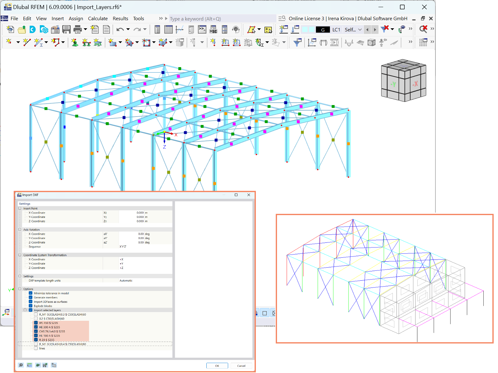 Importing selected DXF file layers into RFEM 6, showing focused entry of essential structural components.
