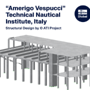 Structural analysis model of the Amerigo Vespucci Technical Nautical Institute in Italy, showing complex geometry and design elements.