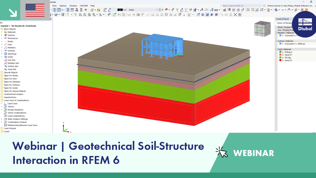 Webinar on geotechnical soil-structure interaction using RFEM 6 showcasing interactive tools for analyzing interactions.