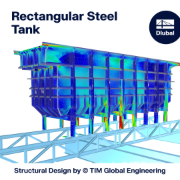 Engineering model of a rectangular steel tank highlighting structural analysis results.