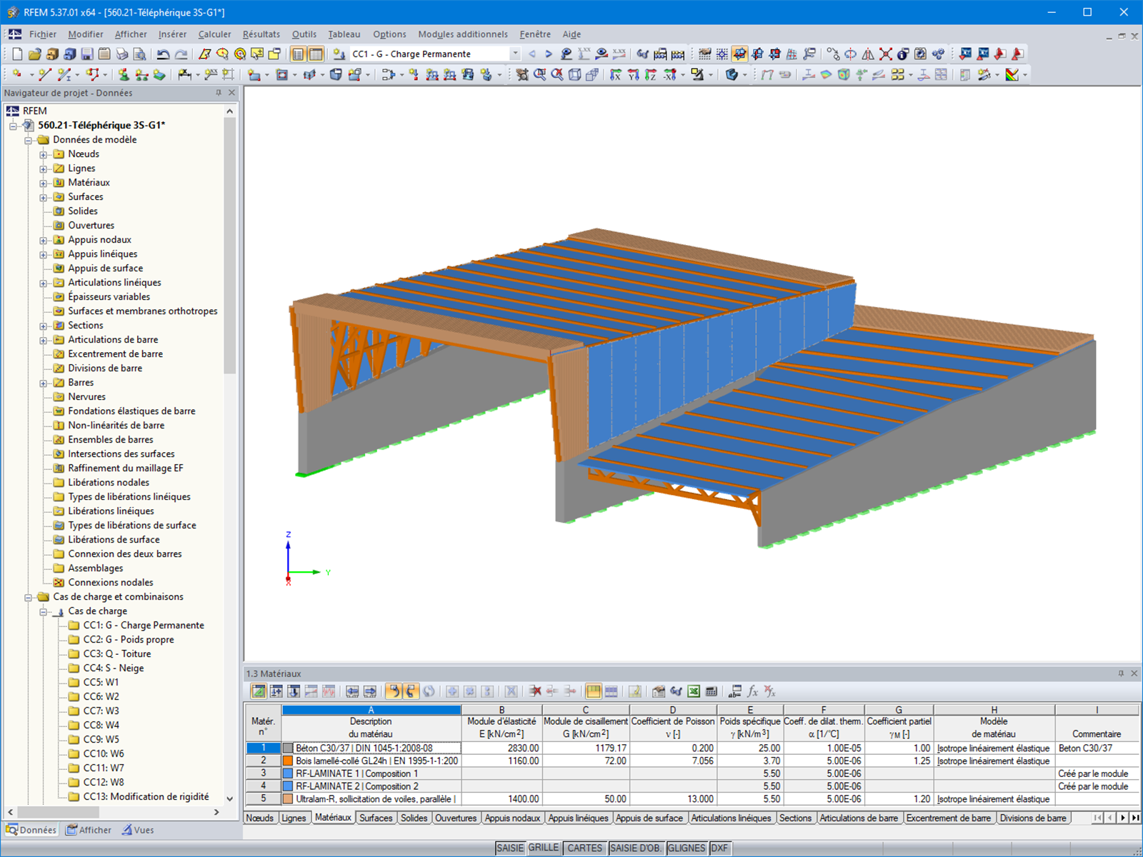 Detailed model of the base station of 3S cable car analyzed with RFEM 5 showing structural elements.