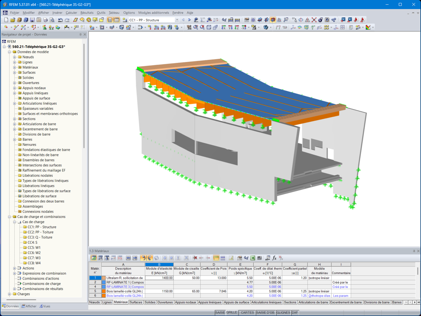 3D model of the intermediate cable car station in the RFEM 5 modeling software.