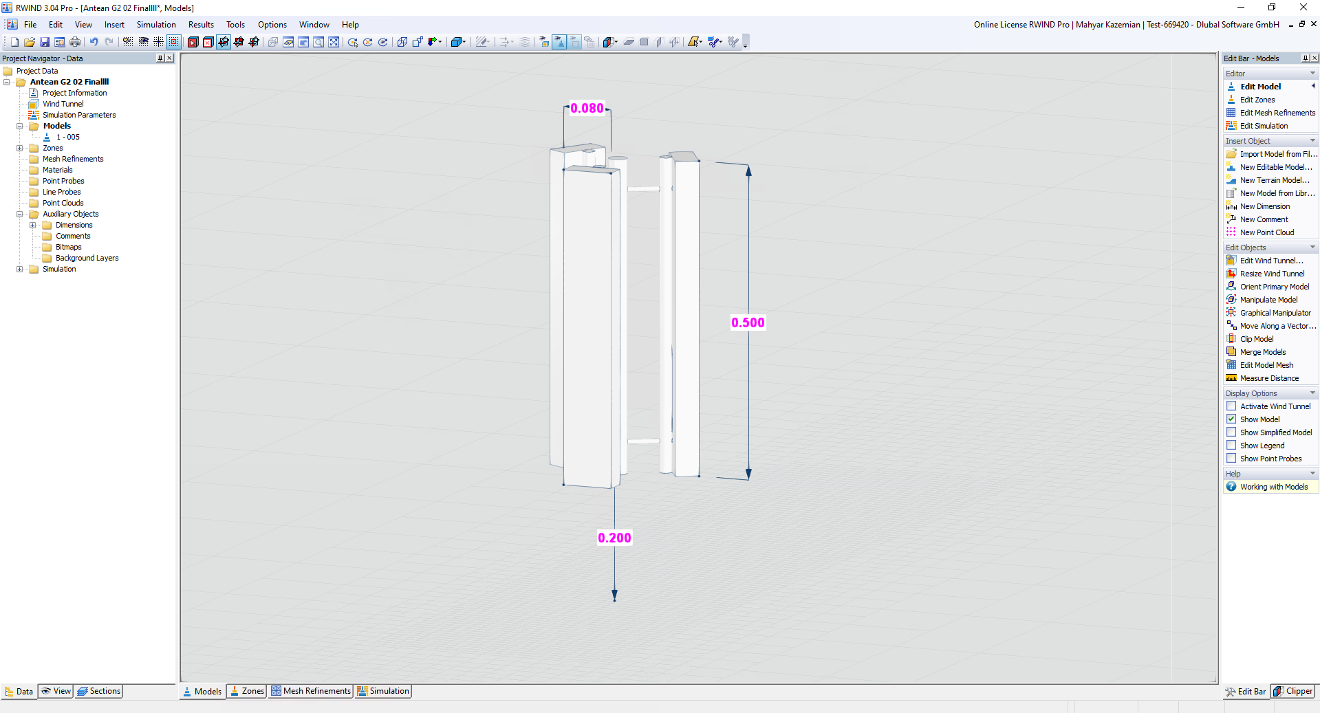 Simulation of three sharp-edged antennas using RWIND software, showcasing aerodynamic effects and flow patterns around complex structures.