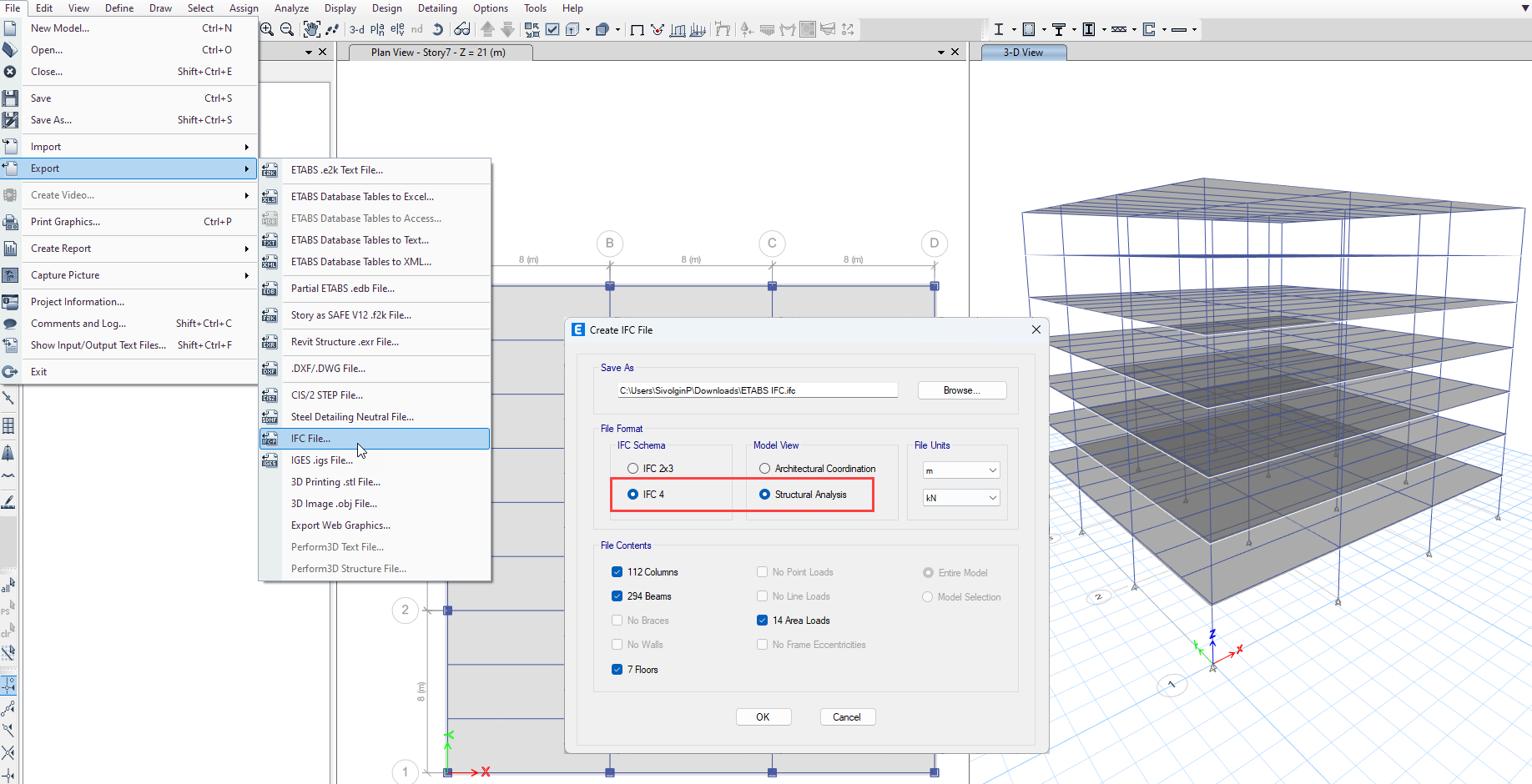 Visualisierung des Transferprozesses eines Gebäudemodells von ETABS durch IFC-Export zu RFEM.