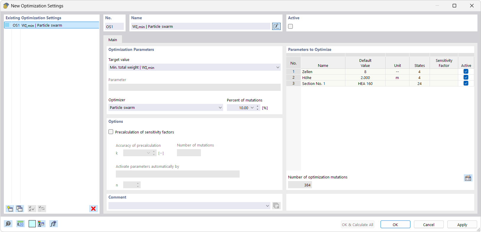 Dialog box for optimization settings to control and start the optimization process in the software interface.