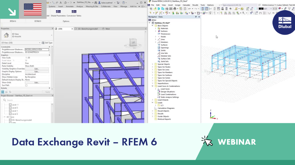 Screen displaying webinar content on data exchange from Revit to RFEM 6 with technical details explained.