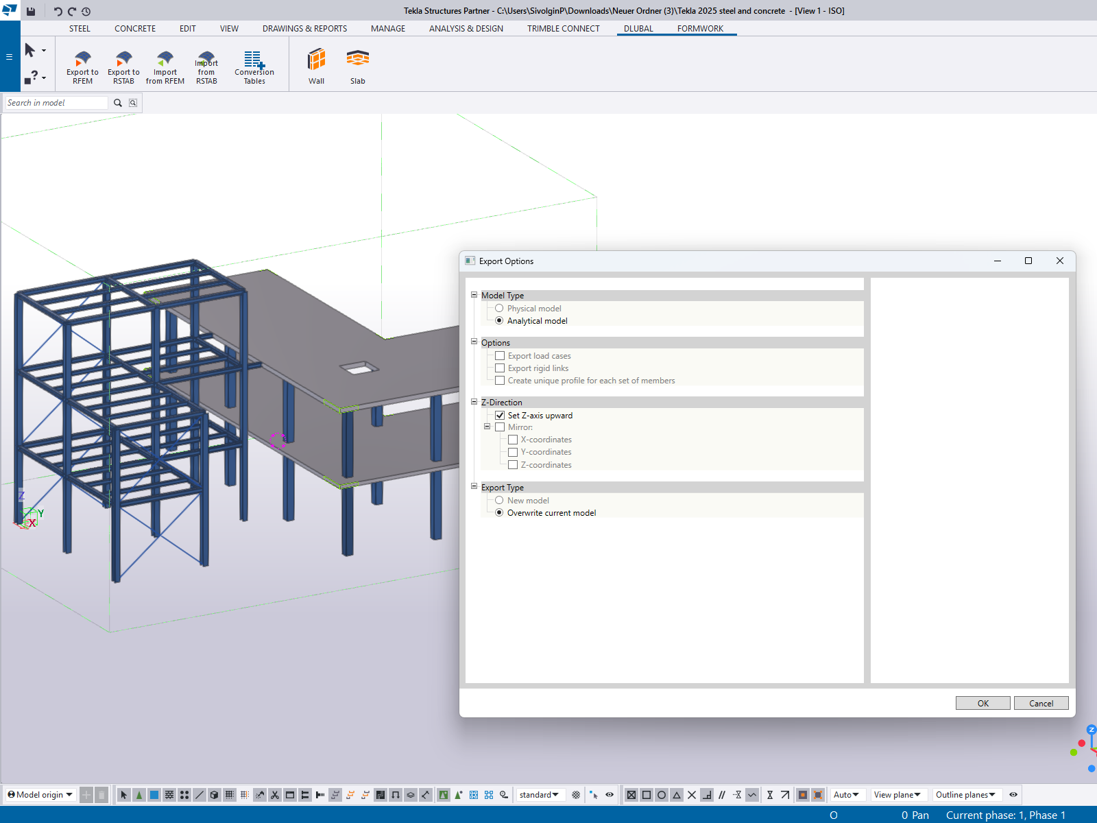 Export options for transferring design data from Tekla Structures to RFEM 6 effectively, showing compatibility settings.