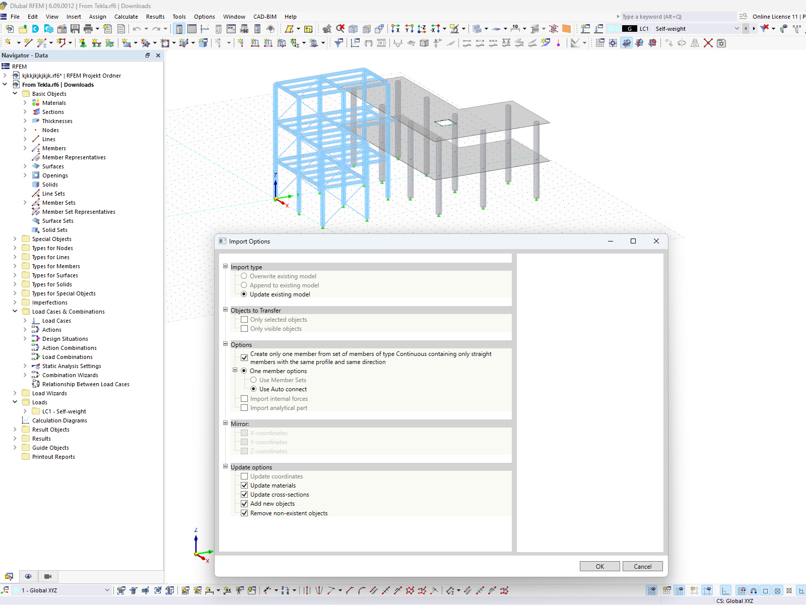 Display of import options dialog showing RFEM 6 connection settings to Tekla Structures, featuring various import configurations.