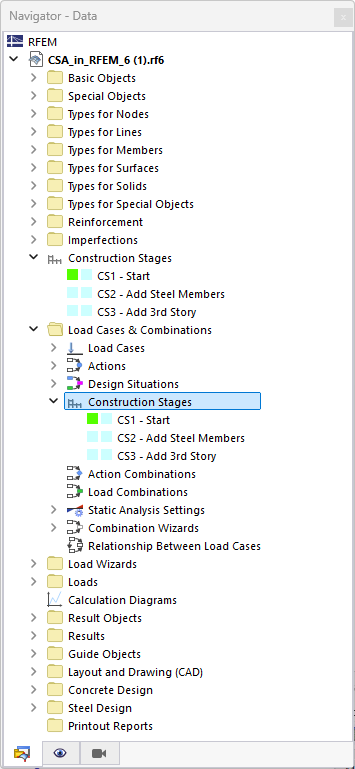 Navigation area with selection for load cases and combinations. Clear display of structural input values in construction.