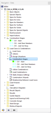 Navigation area with selection for load cases and combinations. Clear display of structural input values in construction.