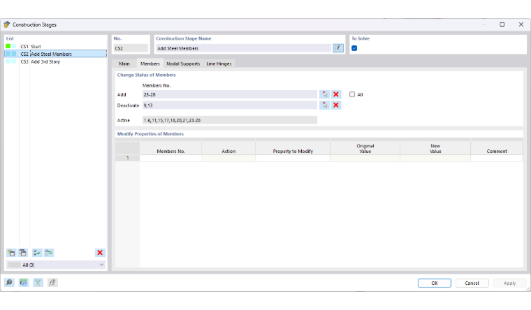 Visualization of structural objects in the construction stage with options for adding and deactivating.