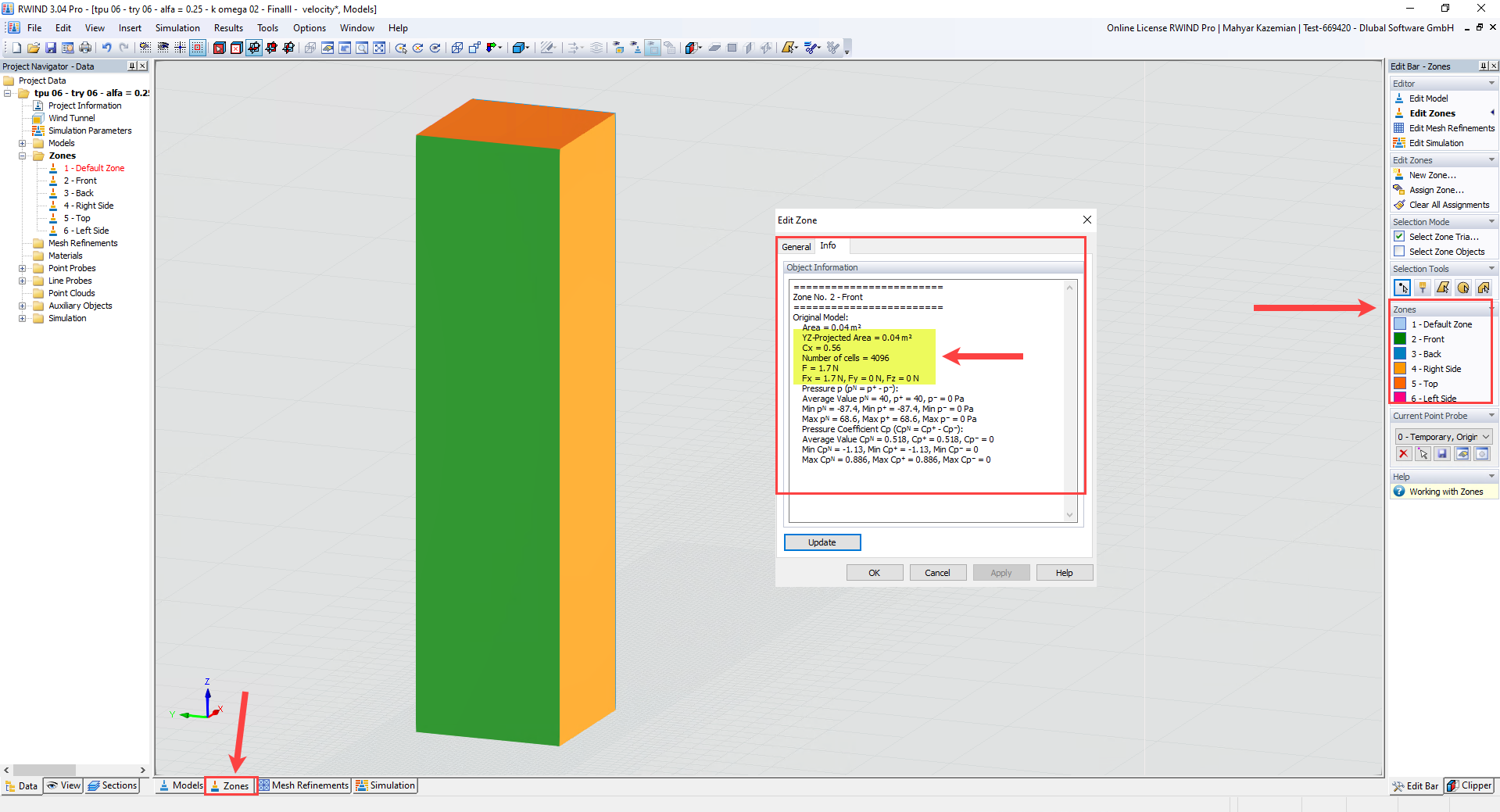 Simulation showing wind load results in various zones of a structure using RWIND software components.