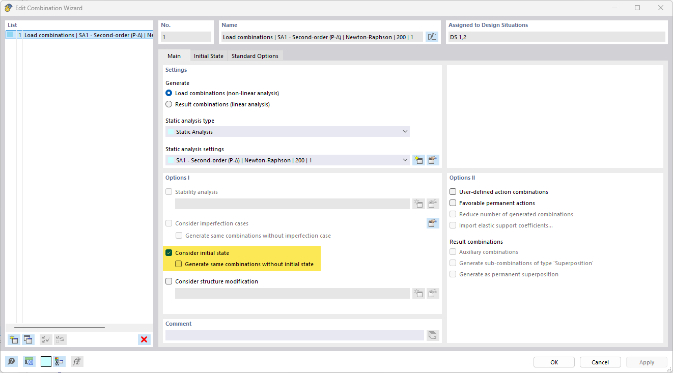 Option for considering the initial state visible in the Combination Wizard.