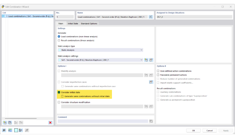 Option for considering the initial state visible in the Combination Wizard.