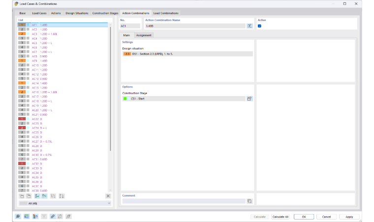 Automatic generation of action and load combinations for construction stages.