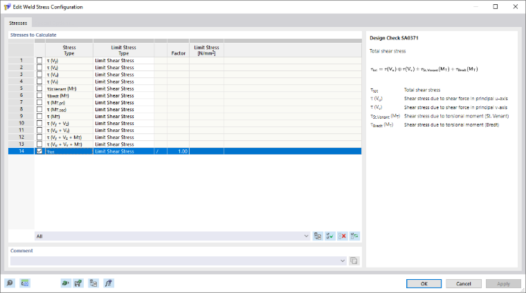 Dialog Box "Weld Stress Configuration"