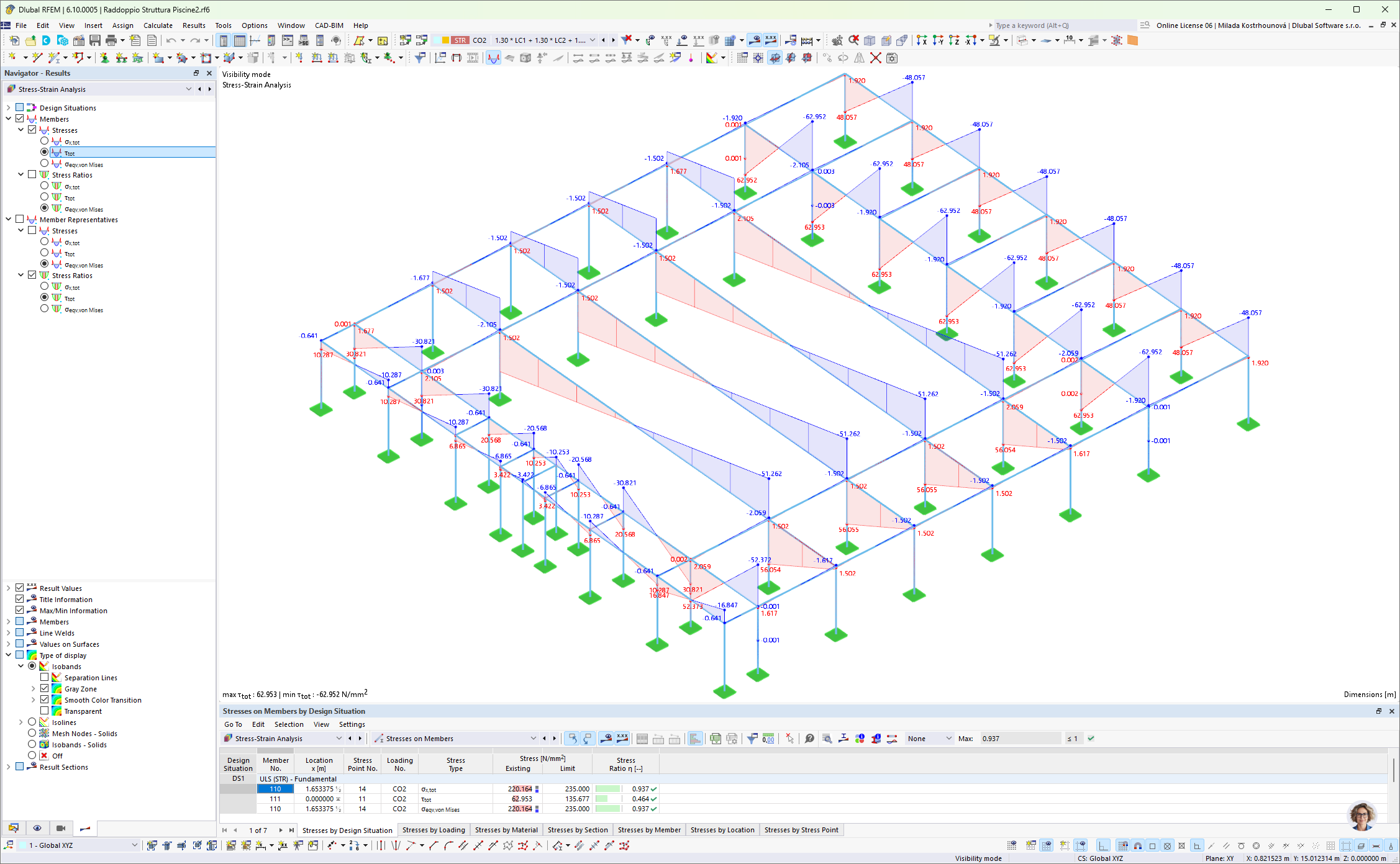 3D structural analysis model of a swimming pool focusing on stress-strain dynamics.
