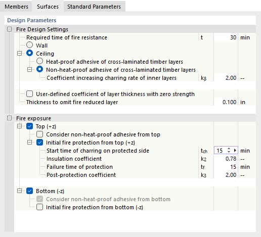 Settings for fire resistance design with permanent definition and component assignment of walls or slabs.