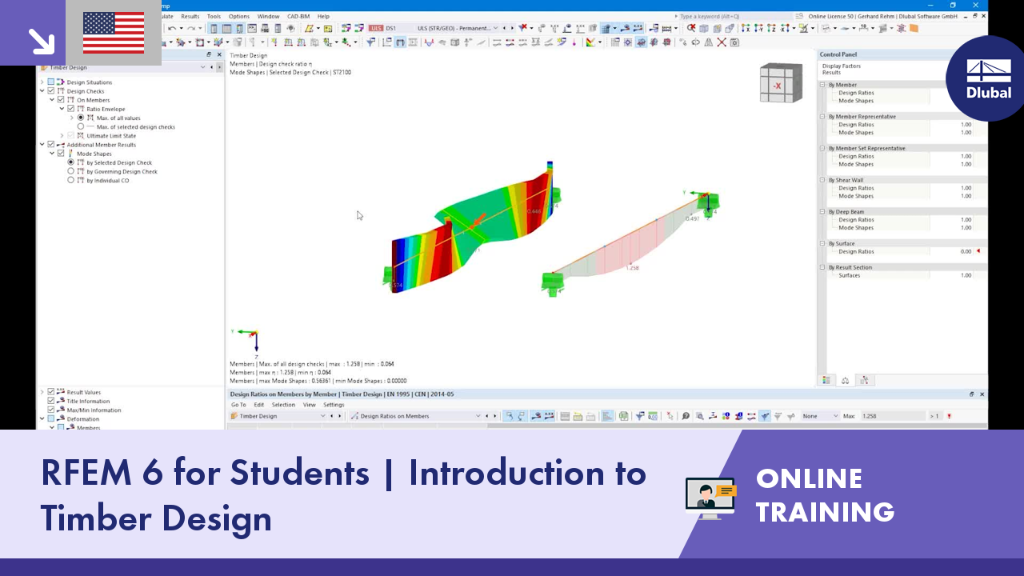 Overview of an online training for timber design, focusing on RFEM 6 features and usage for students.