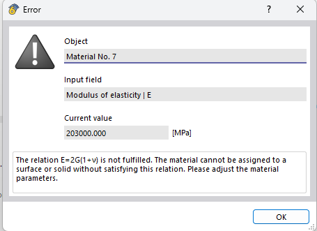 Explanation of error message regarding relation between E, G, and v not fulfilled in material properties.