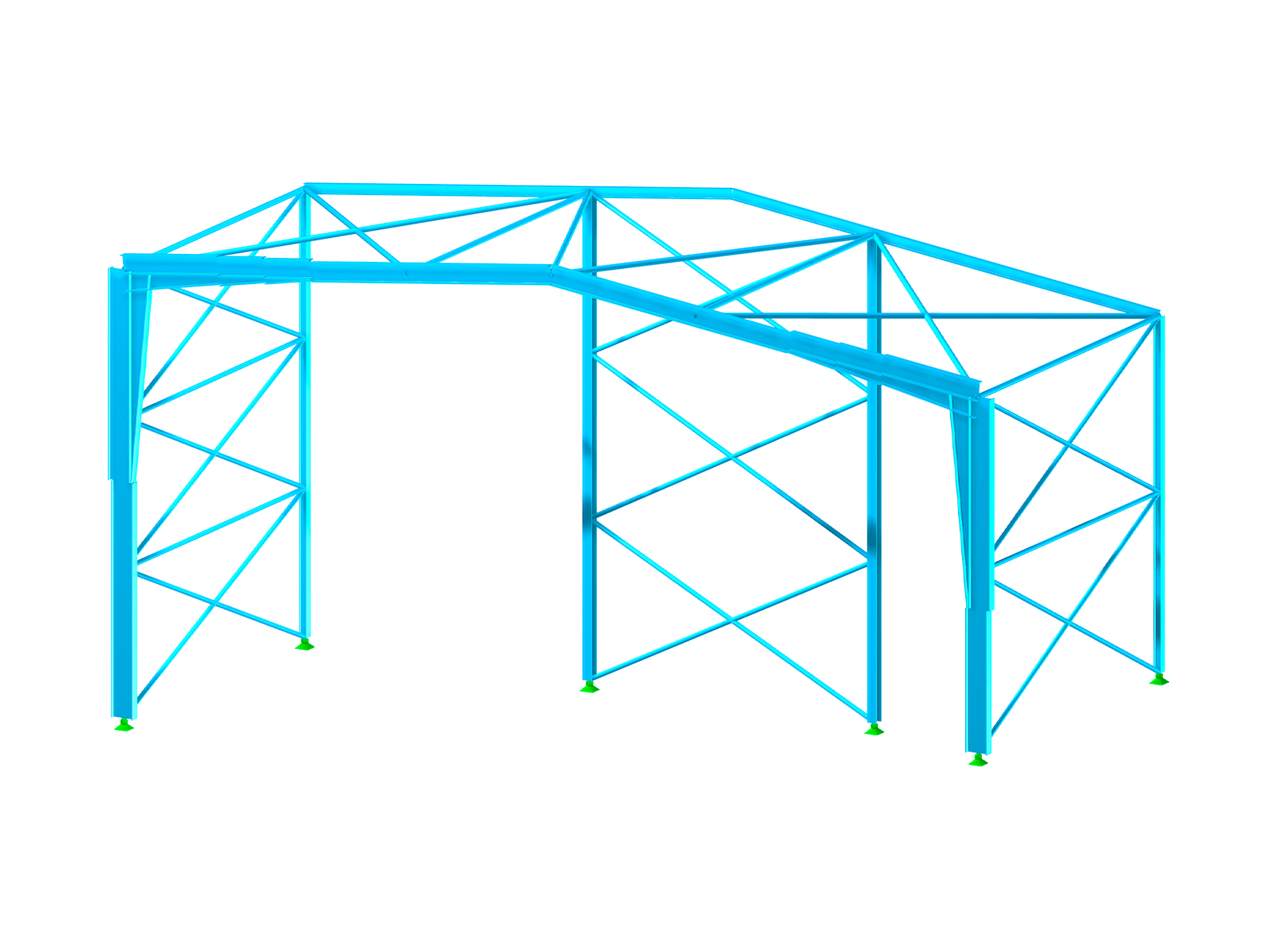 Structural frame of a steel warehouse hall featuring load analysis, roof and wall cladding, main transverse frame, and supporting elements.