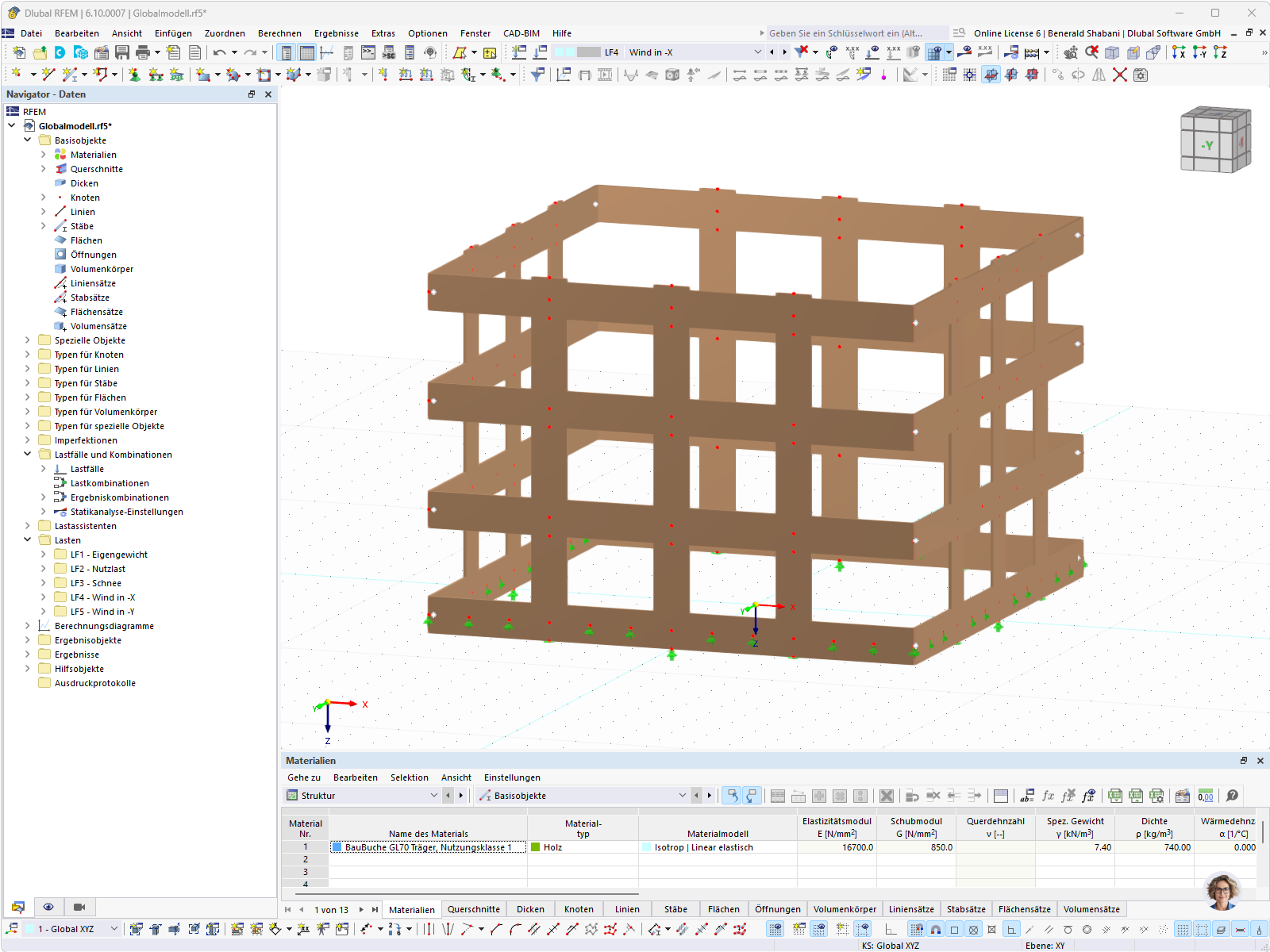 Visualization of a multi-frame timber model using RFEM software.